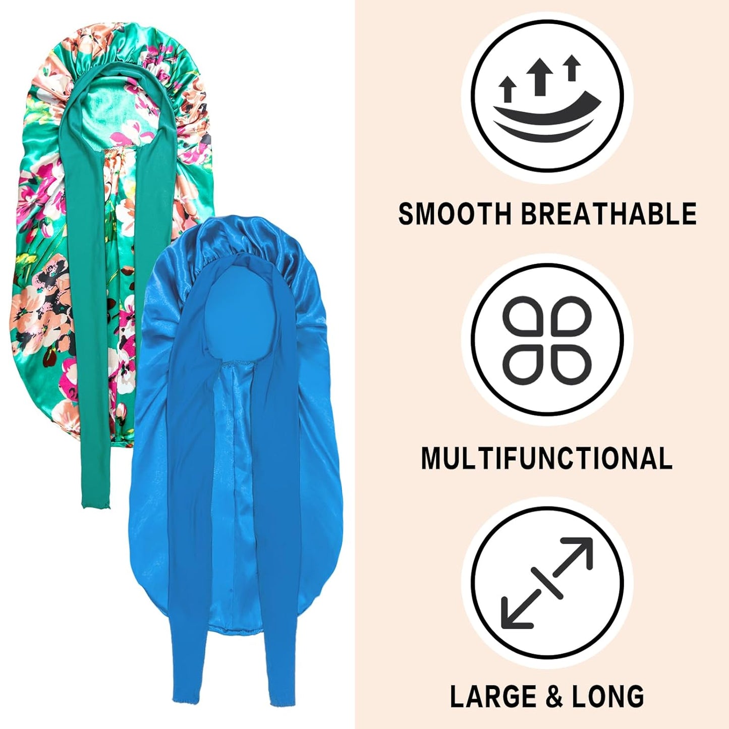 2Pcs Bonnets for Black Women Braid Bonnet, Large Long Satin Silk Bonnet for Braids,Black Women Braid Bonnet with Stretchy Tie Band for Sleeping Extra Long (Blue&Printing Flower) Purple