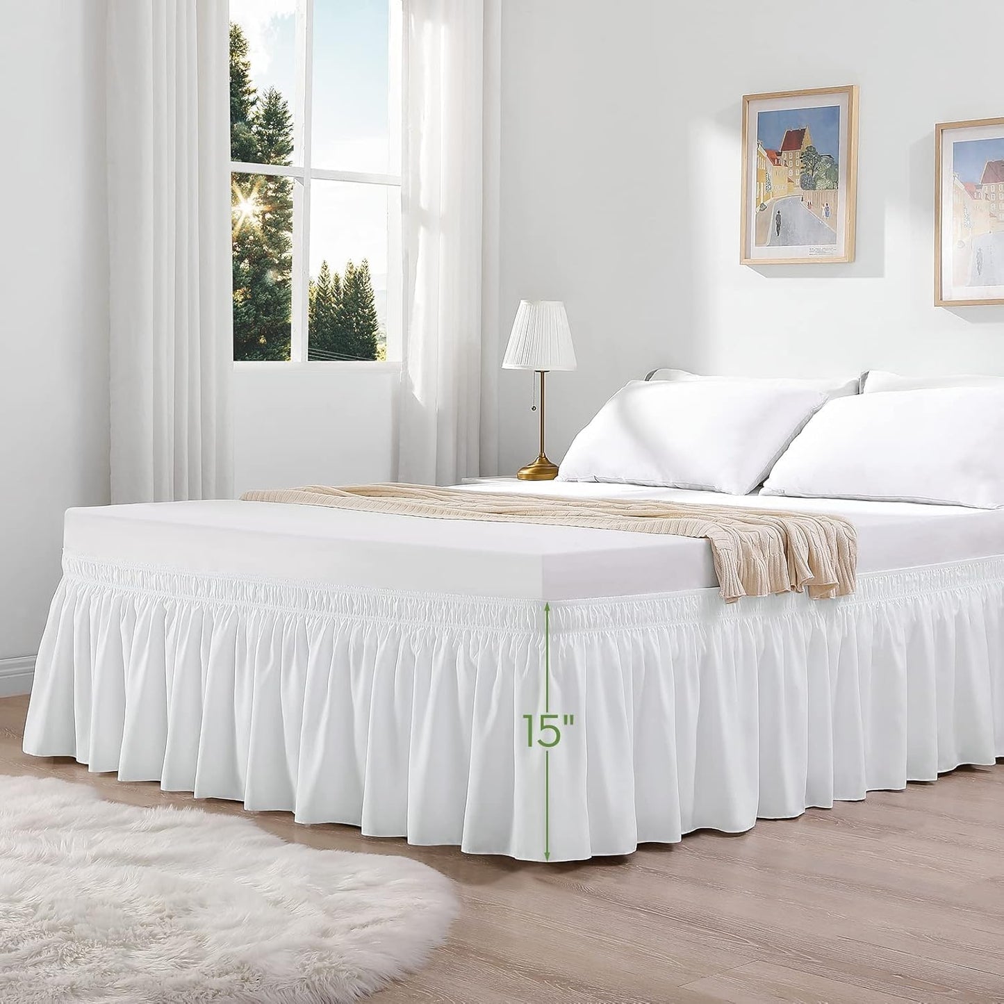 RIMELA Full Size White Bed Skirt 15 Inch Drop, Wrap Around Elastic Bed Skirts Full Size Dust Ruffle, Bedskirt for Adjustable Bed Base Solid Wrinkle and Fade Resistant Silky Fabric Machine Washable