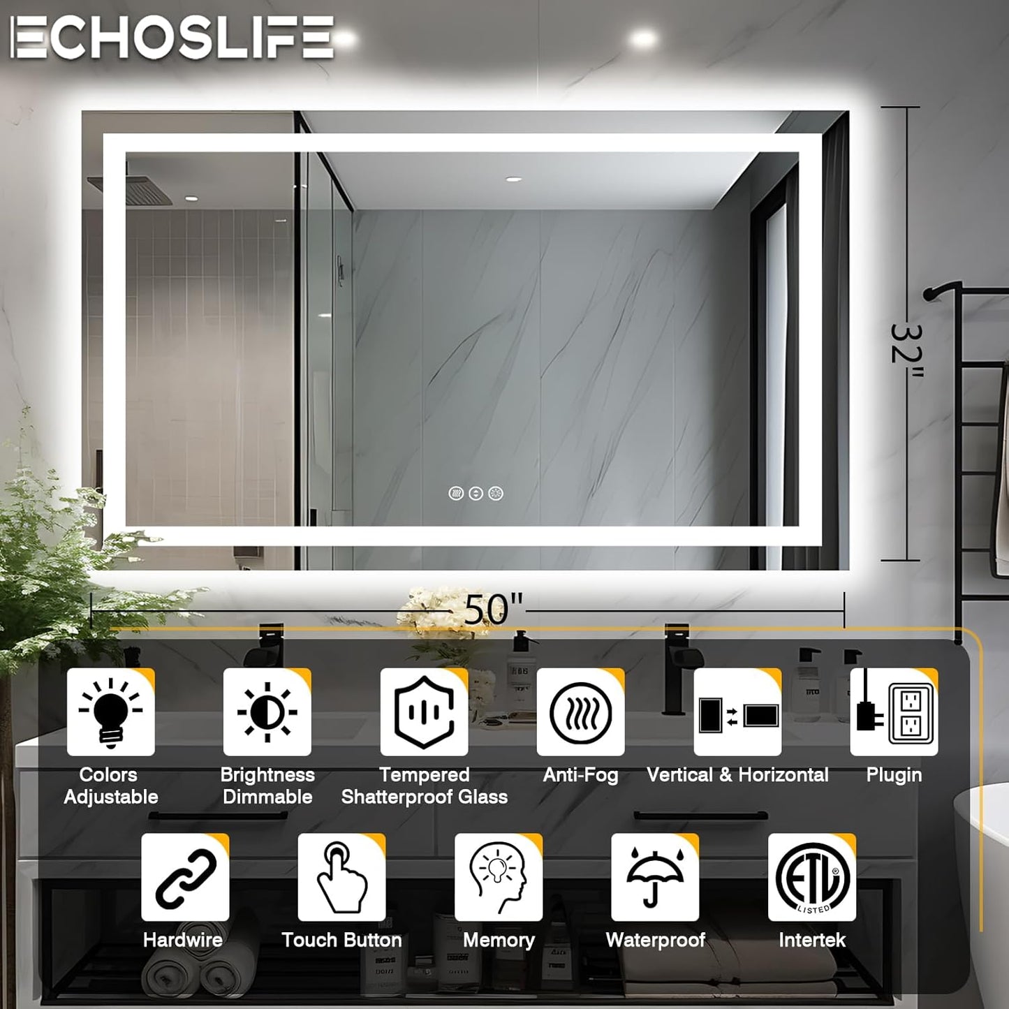 50"x32" LED Lit Bathroom Mirror, Front and Backlit LED Mirror, Anti-Fog Bathroom Mirror with Lights, 3 Colors Stepless Dimmable Mirror, Touch Sense (Horizontal/Vertical)