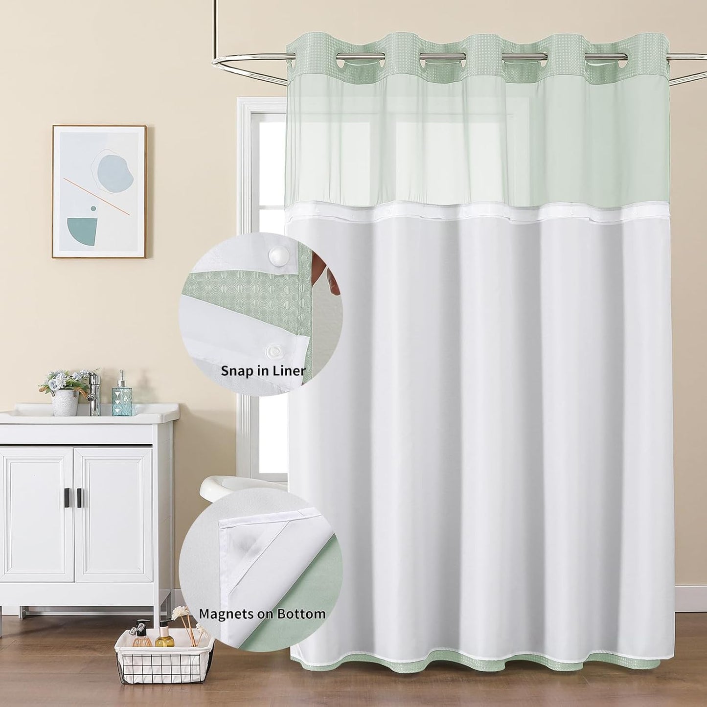 No Hook Shower Curtain with Snap in Fabric Liner, Waffle Weave Heavy Duty Thick Shower Curtains with Mesh Top Window, Hotel Style Waterproof Bathroom Curtain Set, 72 x 75 Inch, Mint Green
