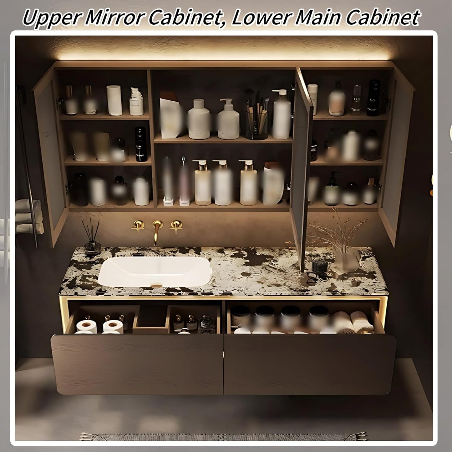 54IN Bathroom Vanity Set with a Single Sink - Embedded Sensor Light Strip & Large Capacity Floating Cabinet | Modern Bathroom Vanities with Defogging Mirror Surface & LED Lighting (Mirror)