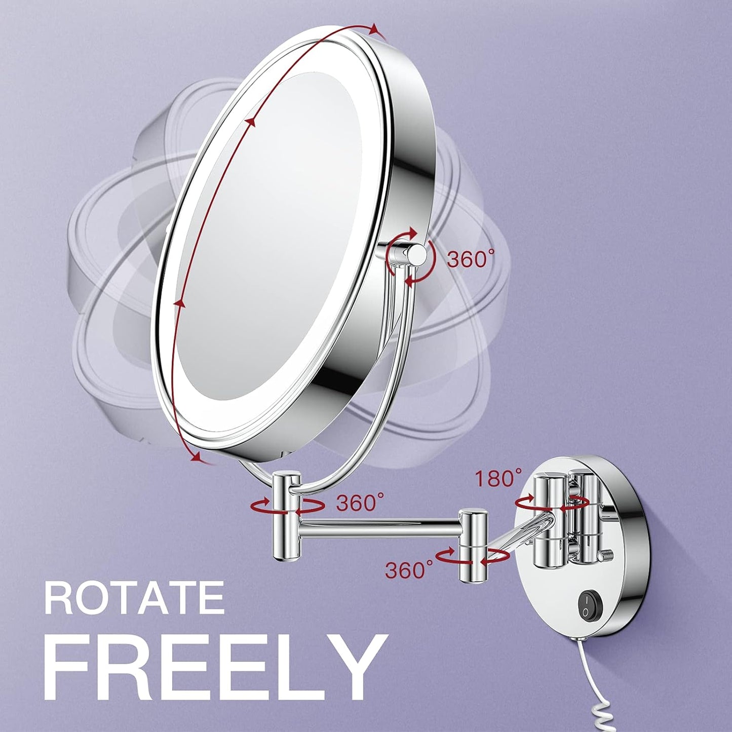 Benbilry 9" Large Size Wall Mounted Lighted Makeup Vanity Mirror, 1X/10X Magnifying 2-Sided AC Plug-in Powered Bathroom Mirror, 360° Swivel 13 Inch Extendable Arm, Chrome