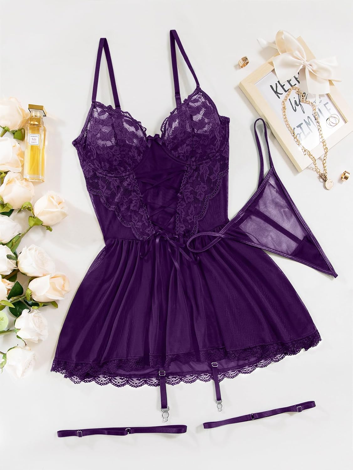 Lilosy Sexy Garter Belt Mesh Lace Babydoll Lingerie Dress Set with Thong