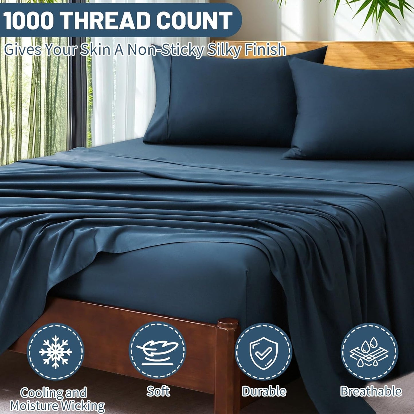 Extra Deep Pocket California King Sheets 18-24 Inch 1000 Thread Count 100% Egyptian Cotton Sateen Weave Soft Breathable 4 Pieces（California King,Navy）