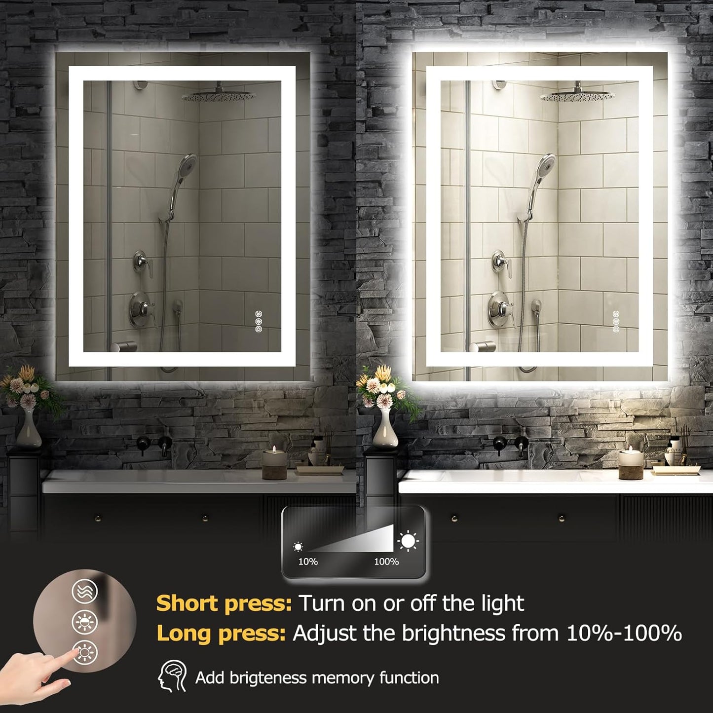 LED Bathroom Mirror with Lights 28x32 Wall Vanity LED Mirror Stepless Dimmable,Double Front and Backlight,Anti-Fog,Memory Smart Mirror for Bathroom
