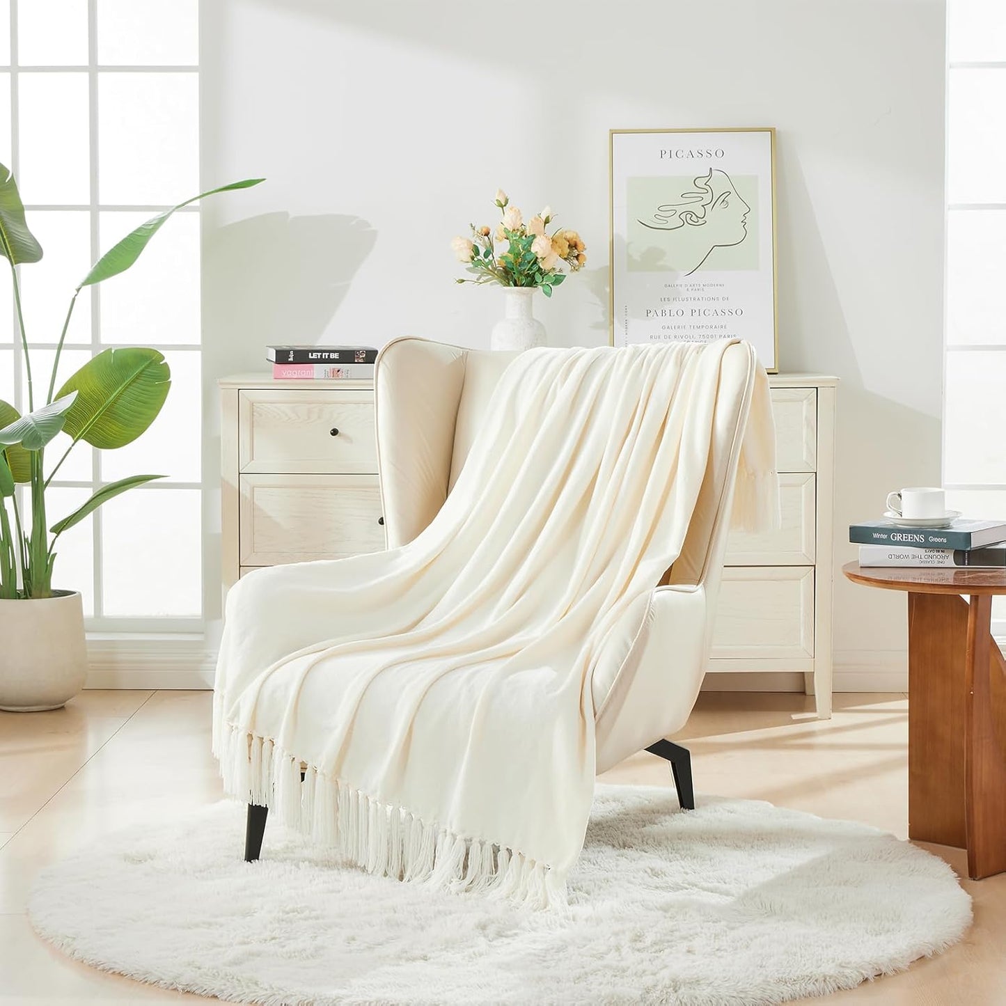 CozeCube Chenille Throw Blanket for Couch, Cozy Plush Fuzzy Decorative Cream White Blanket with Fringe Tassels, Lightweight Throws for Bed Sofa Gift Home Decor, 60"X80"