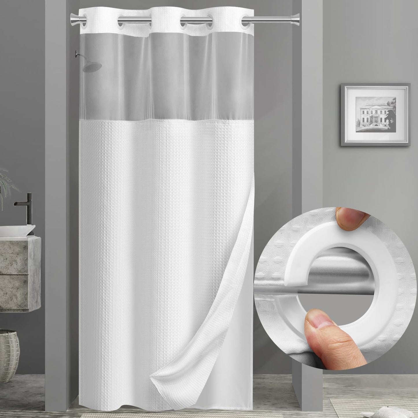 YellyHommy Stall No Hook Shower Curtain with Snap in Fabric Liner Set Less Time White Waffle Shower Curtain for Bathroom 75" L x 36" W