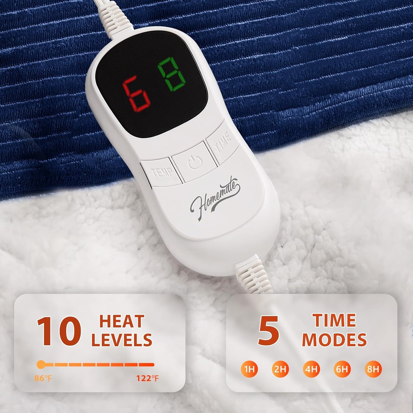 Homemate Electric Heated Blanket Full Size - 72"x84" Heating Blanket Full Size 1/2/4/6/8 Hours Auto-Off 10 Heat Level Over-Heat Protection Soft Flannel Sherpa ETL Certification