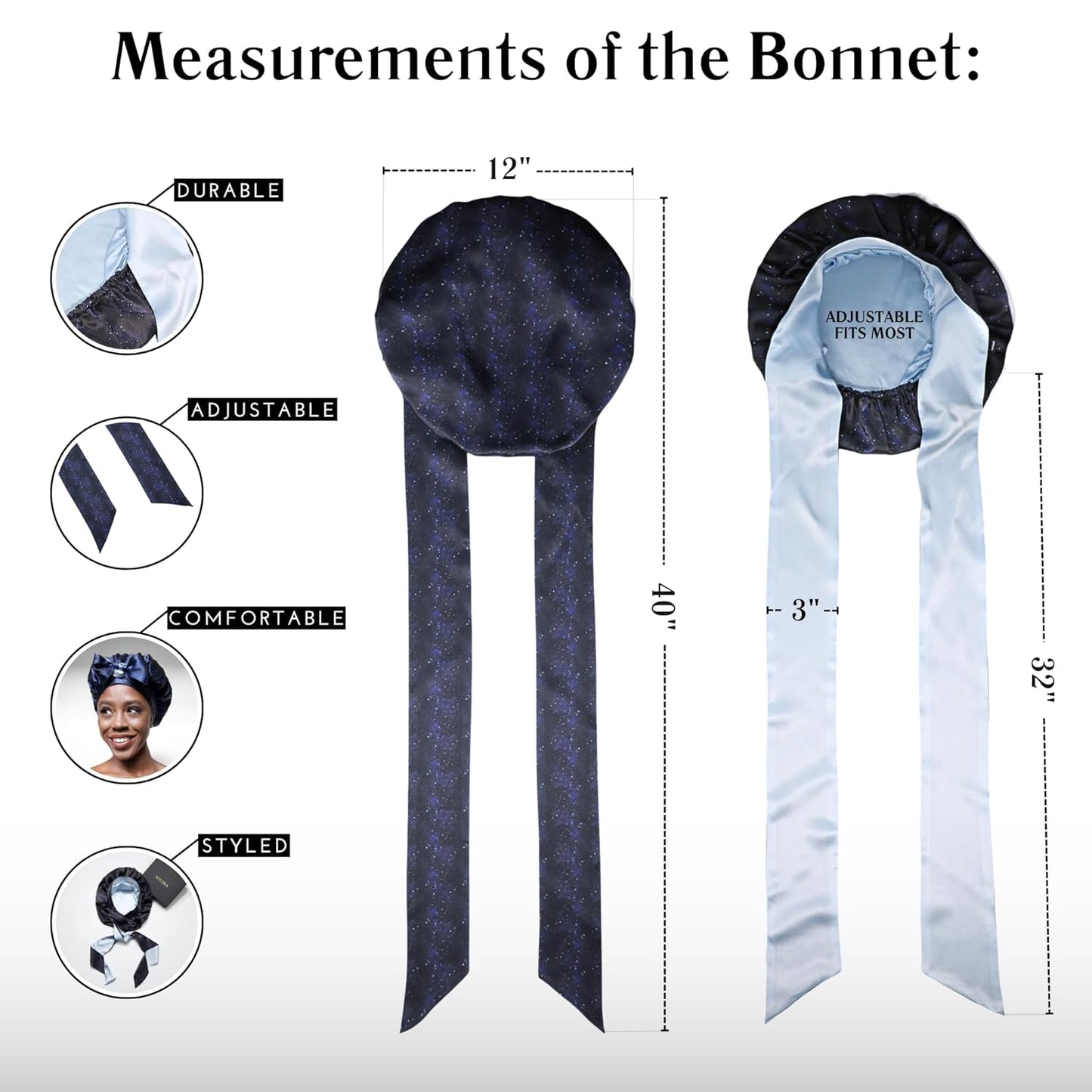 100% Mulberry Silk Bonnet for Sleeping Women, Handmade in USA 19 Momme Double Layer Reversible Silk Hair Wrap with Adjustable Ties, Non-Slip Sleep Cap for Curly & Natural Hair (Midnight)