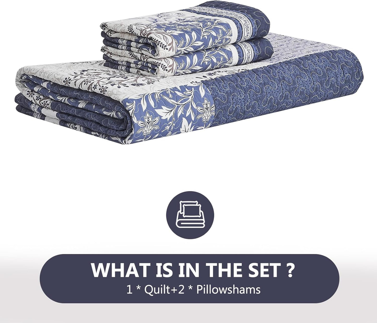 100% Cotton Quilt Set Queen Size - Floral Quilted Comforter, Patchwork Botanical Queen Quilt Bedspread, Reversible Vintage Farmhouse Lightweight Bedding for Queen Bed, 3pcs, Blue/Beige