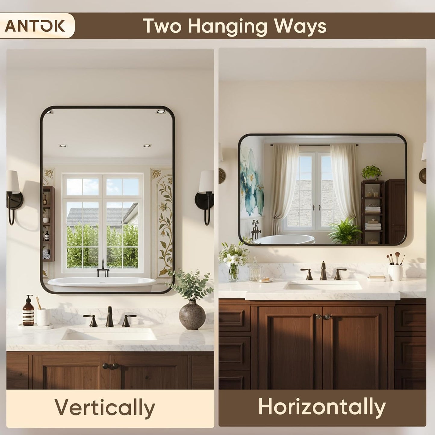 Antok 2-Pack Bathroom Mirrors, 22"x30" Double Wall Mirrors, Decorative Mirror Vanity Mirror Aluminum Alloy Frame Contemporary Hanging for Living Room Bathroom Entryway, Black