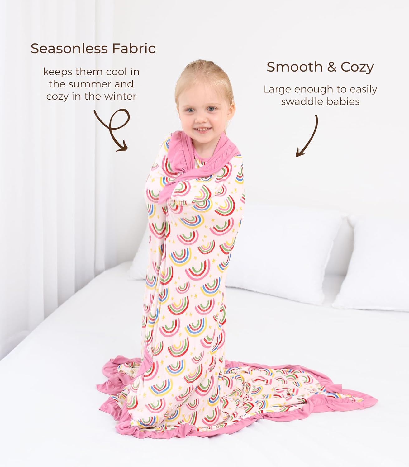 Premium Baby Blanket for Girls, Stretchy Quilt, Soft Crib Bedding for Newborn Baby and Toddler, Ruffle Nursery Blanket for Kids, Viscose Made from Bamboo, 50''x50'' Rainbow