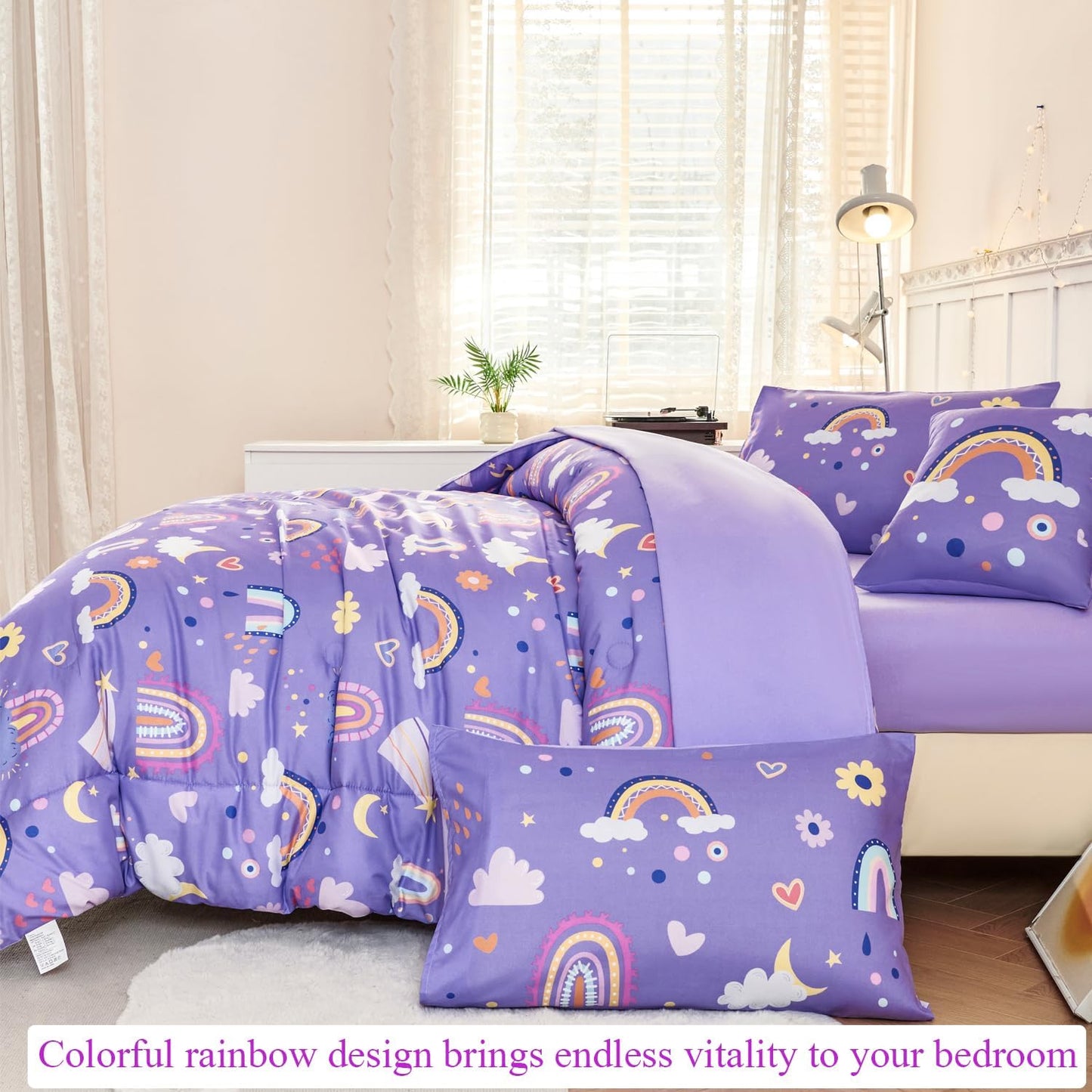 ANGIYUIN Purple Queen Size Comforter Set for Girls 6Pcs Kids Bed in A Bag Rainbow Bedding Comforter Set with Sheets Decorative Cloud, Love, Saleboat and Moon,Purple, Queen