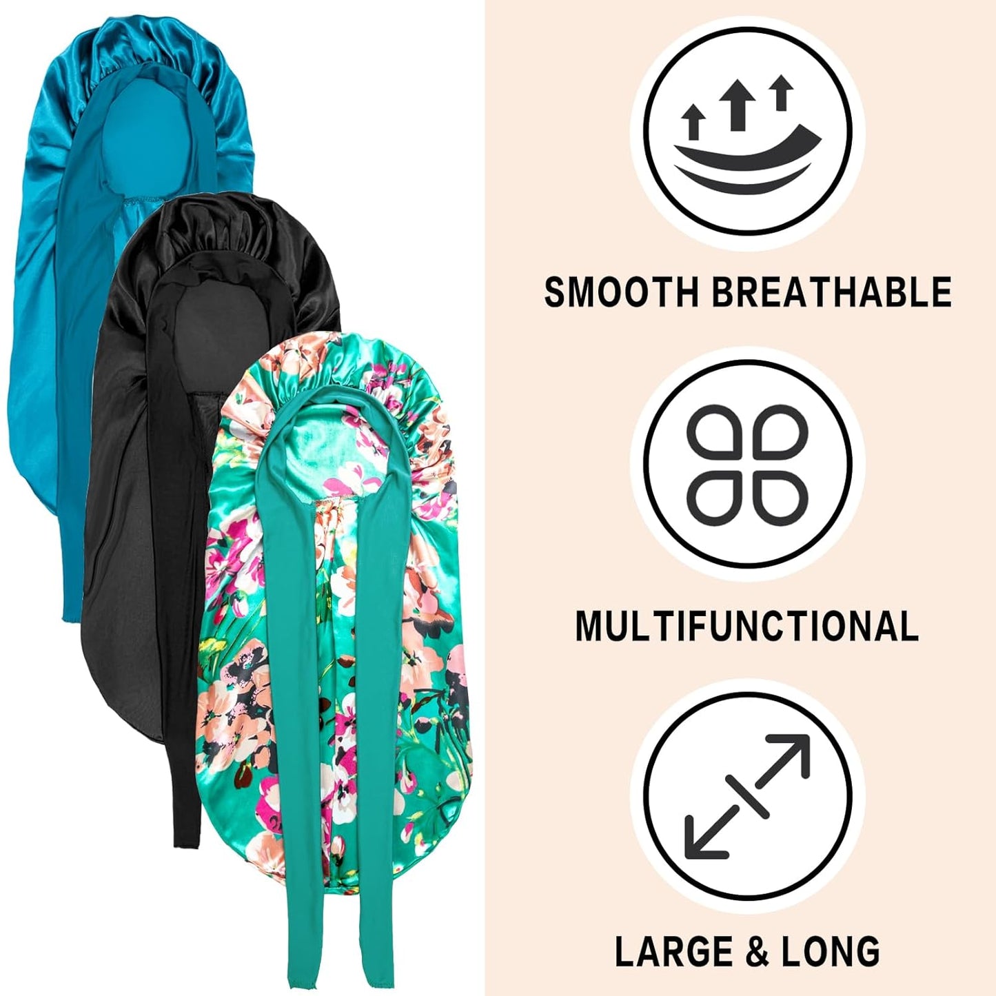 3Pcs Bonnets for Black Women Braid Bonnet, Large Long Satin Bonnet for Braids Sleeping, Black Women Satin Silk Bonnet (3Pcs-Black&Blue&Flower)