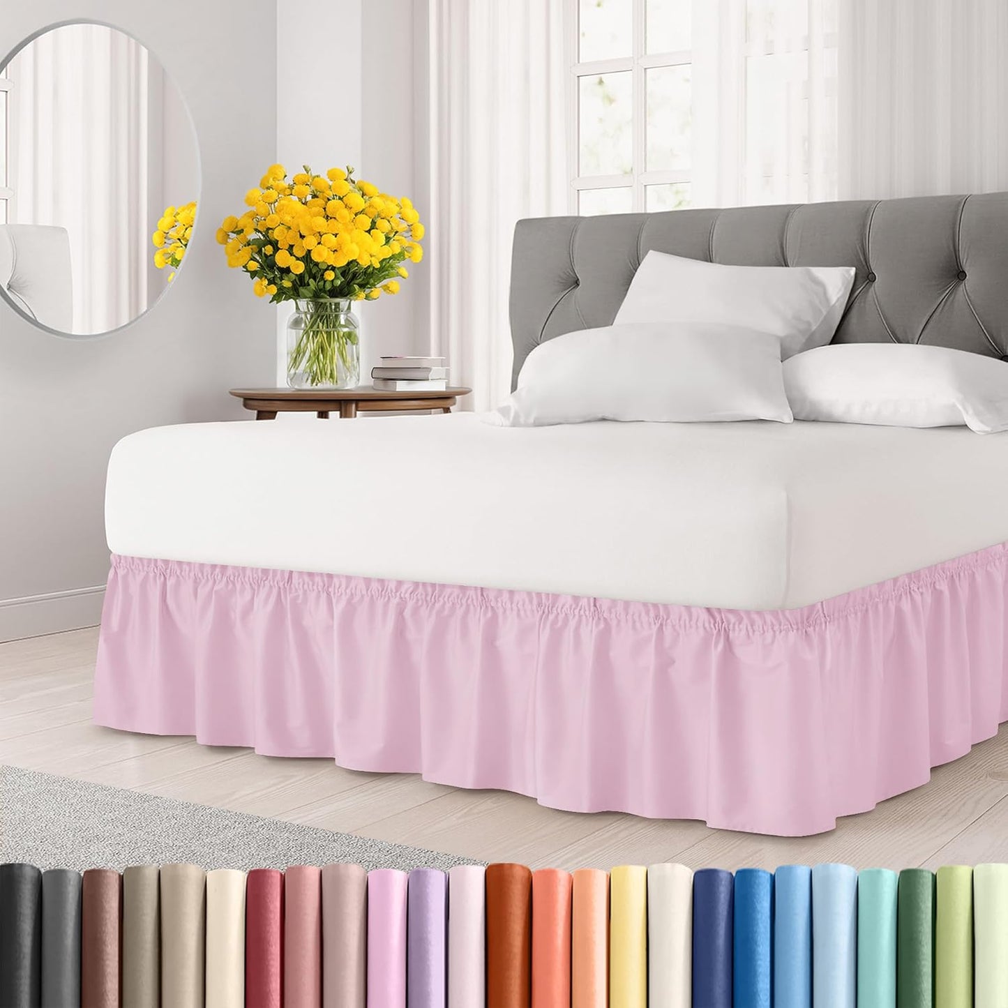 Wrap Around Dust Ruffle Bed Skirt - Light Pink - for King Size Beds with 15 Inch Drop - Elastic Strap - Adjustable Pleated Bedskirt with Brushed Fabric and Wrinkle Free - for Women, Men, Kids & Teens