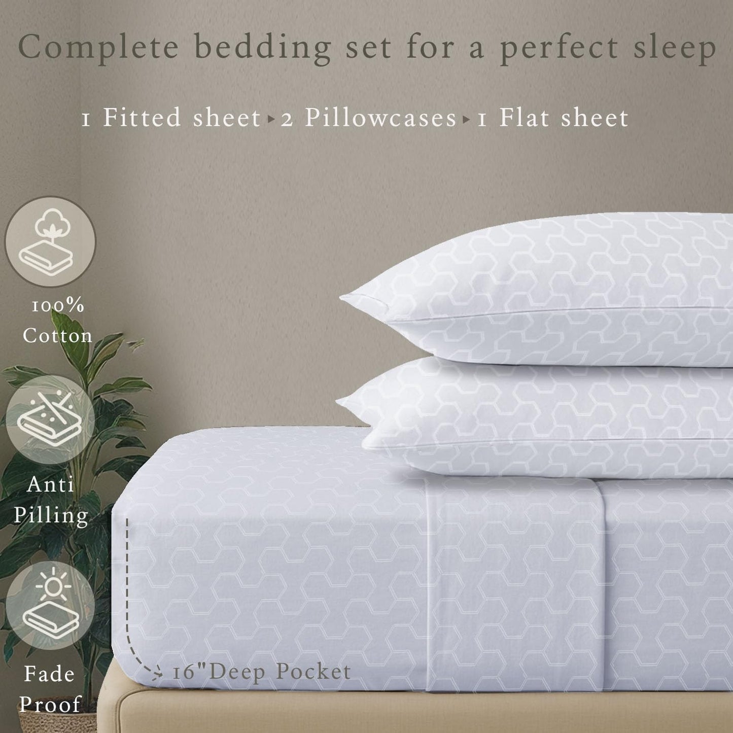 Threadmill 500 Thread Count Twin Size 3 Pc Luxury Cotton Bedding Set, Jacquard Floria Hotel White, Breathable Sheets with 15" Elasticized Deep Pocket, 1 Pillowcase & Free Tote Bag