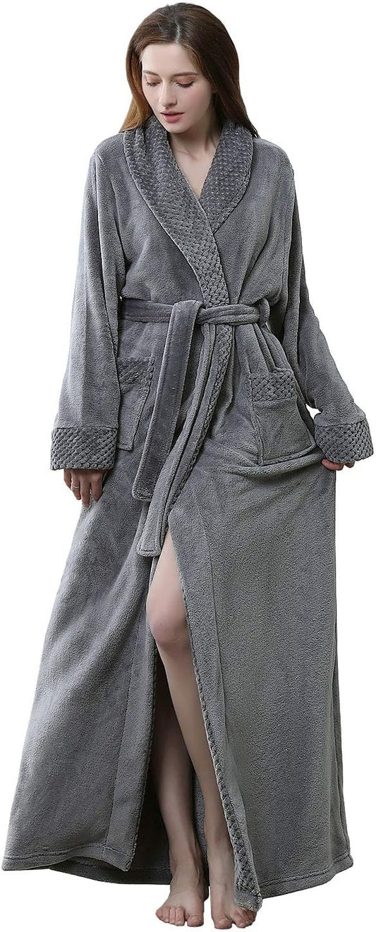 Artfasion Womens Long Fleece Robe - Warm Soft Floor Length Flannel Bathrobes for Winter Thicker Long House Coat with Pockets