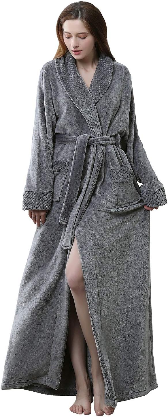 Artfasion Womens Long Fleece Robe - Warm Soft Floor Length Flannel Bathrobes for Winter Thicker Long House Coat with Pockets