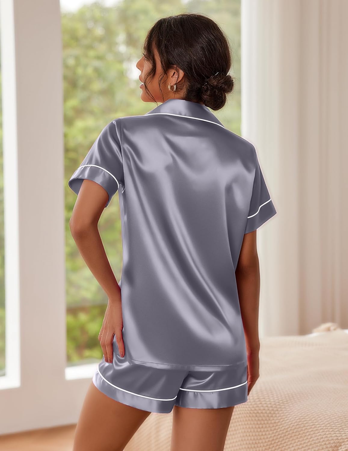 Ekouaer Pajamas for Women Set Silk Satin Pjs Shorts Sleepwear 2 Piece Loungewear S-XXL