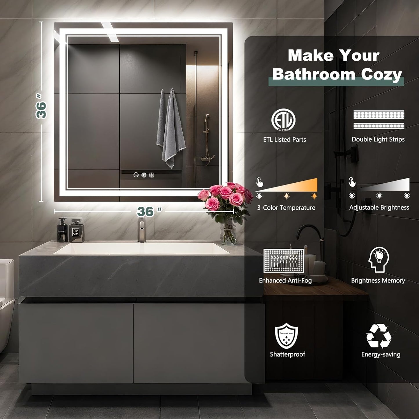 LED Bathroom Mirror with Lights: 36"x36" Wall Mounted Large Lighted Mirrors Fogless, Anti-Fog,Dimmable,Memory Function, Shatterproof Tempered Glass, Espejos para Baños, ETL Listed