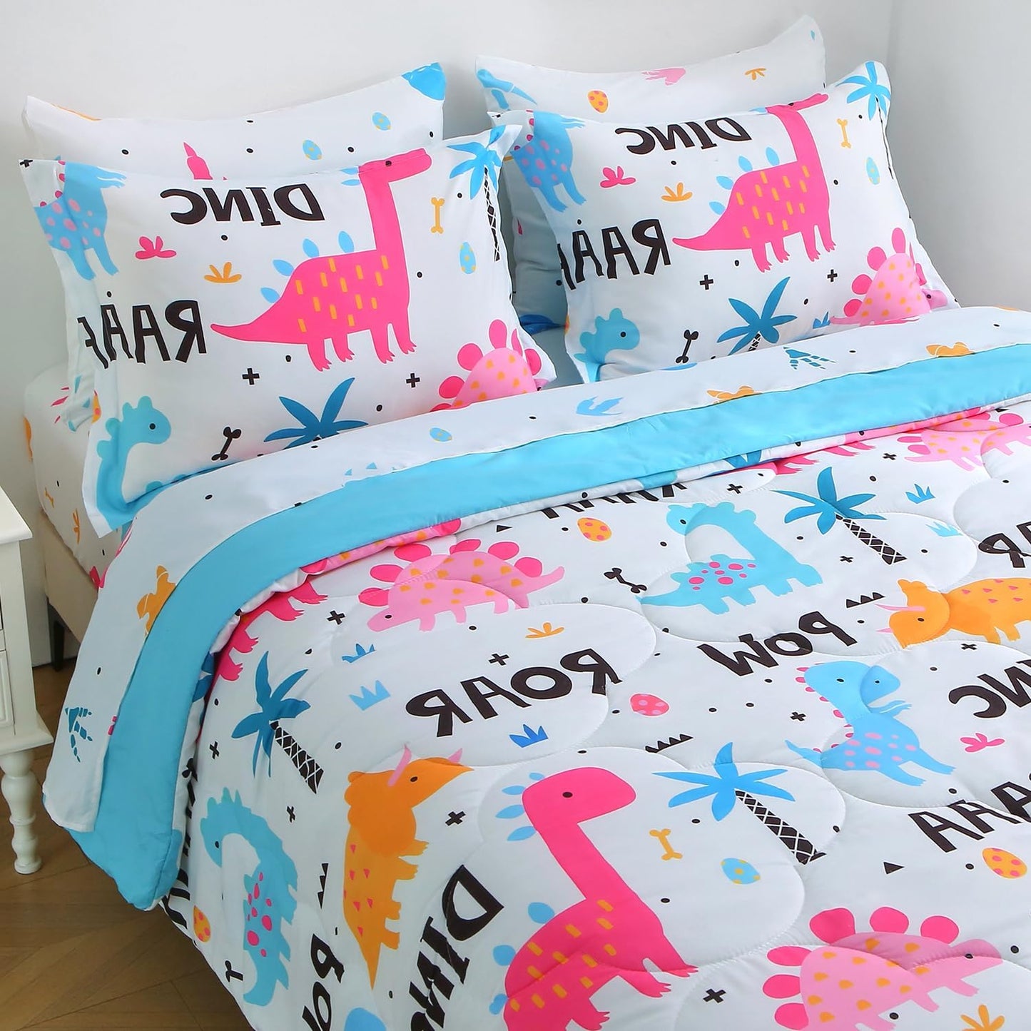 Wajade 7 Piece Kid Girls Dinosaur Comforter Set Full Size 3D Pink Dinosaur Wild Park Jungle Print Bedding Set with Comforter, Sheet Set, Pillowcase and Sham