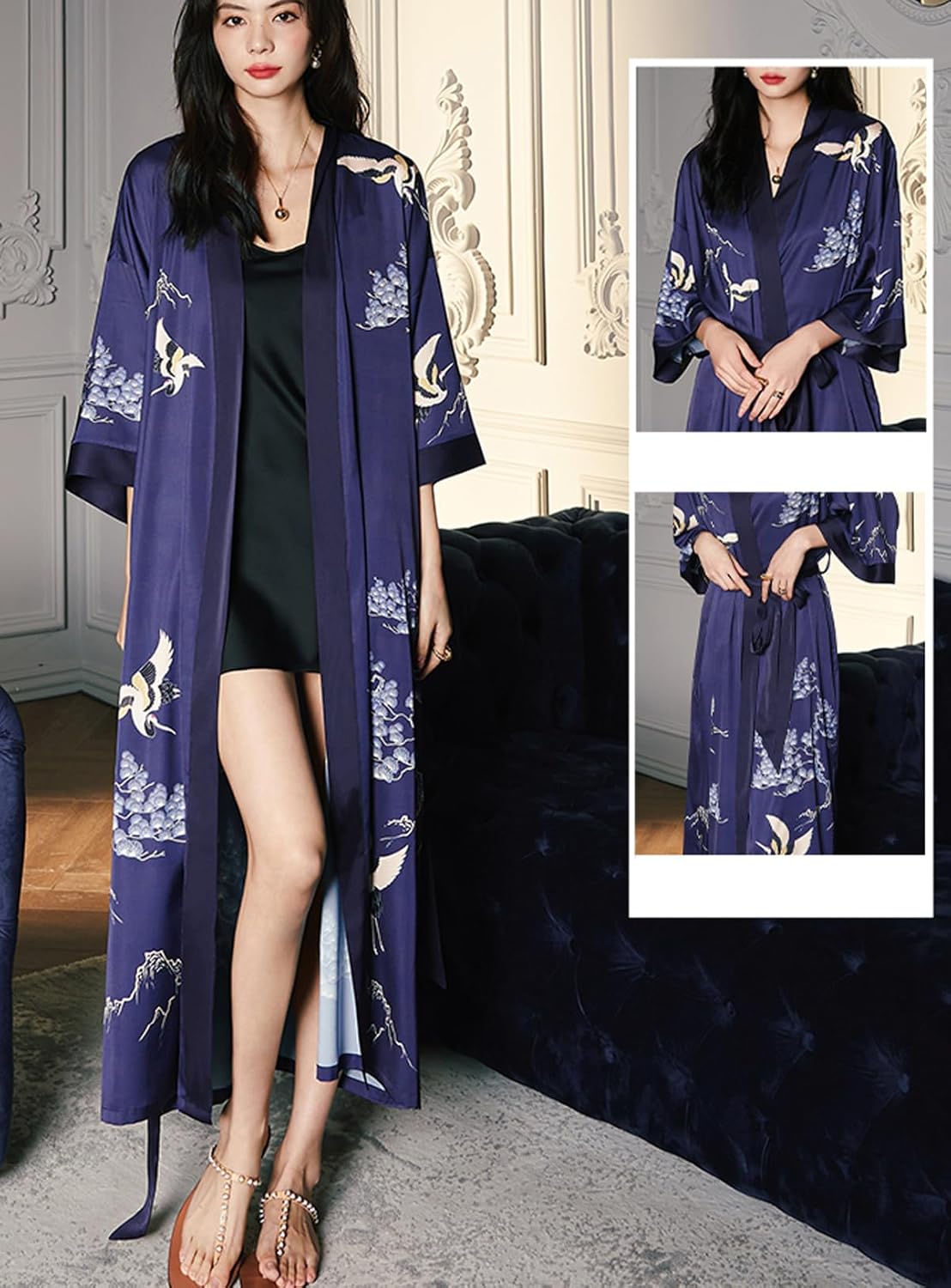 Silk Satin Robe for Women Long Japanese Kimono Robe Lightweight Soft Bathrobe Floral Luxury Dressing Gown