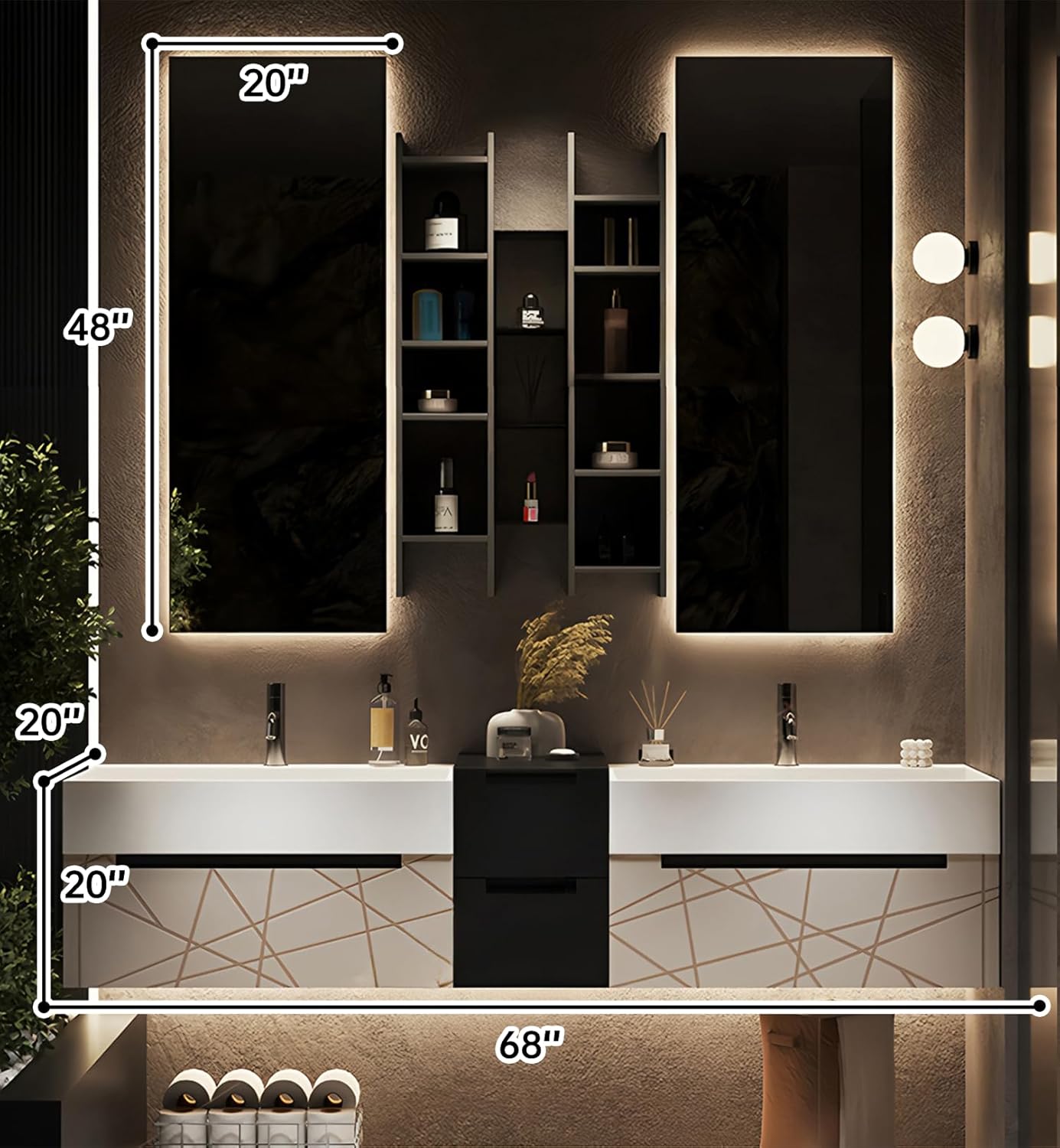Double Bathroom Vanity with Sink, Floating Modern Bathroom Vanity Set Includes LED Smart Defogging Mirror and Open Storage Wall Cabinet, Solid Wood Bathroom Cabinet with Large Drawer (Apricot, 68")
