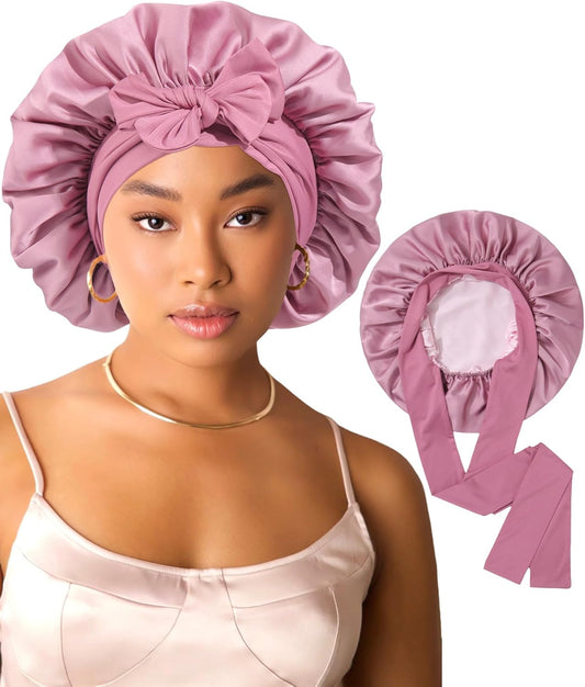 AWAYTR Women Satin Bonnet for Sleeping - Double Layer Silk Hair Bonnet with Elastic Tie Band for Braids Curly Hair