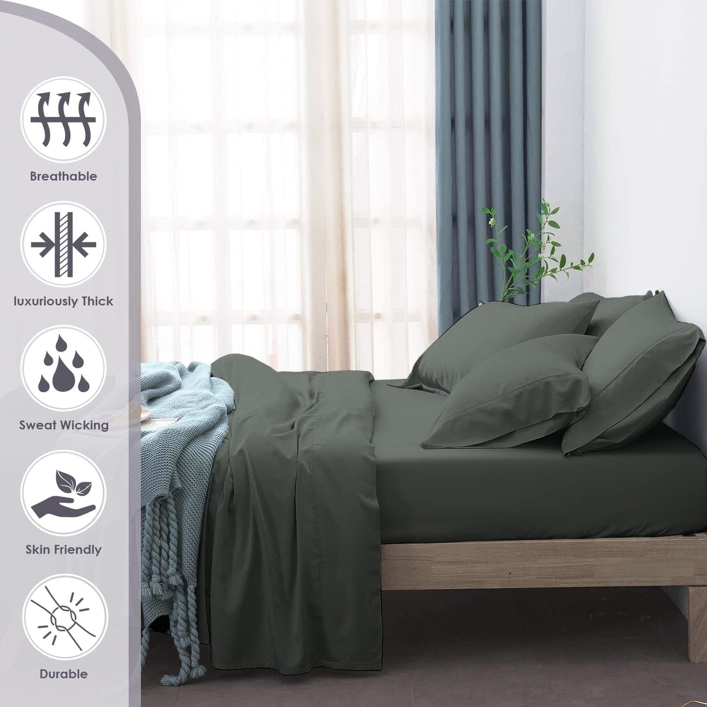 Pizuna Pure 100% Cotton Sheets 6pc King Size, 800 Thread Count Long Staple Cotton Crisp Sateen Sheets 6pc King with 15inch Deep Pocket (Combed Dark Grey Cotton Sheets 6pc King)