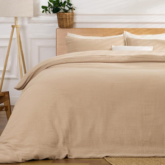 100% Sandwashed Cotton Duvet Cover King, Soft King Size Duvet Cover Set 3 Pieces with Zipper Clousre & Corner Buttons (Linen, King 104 x 90)