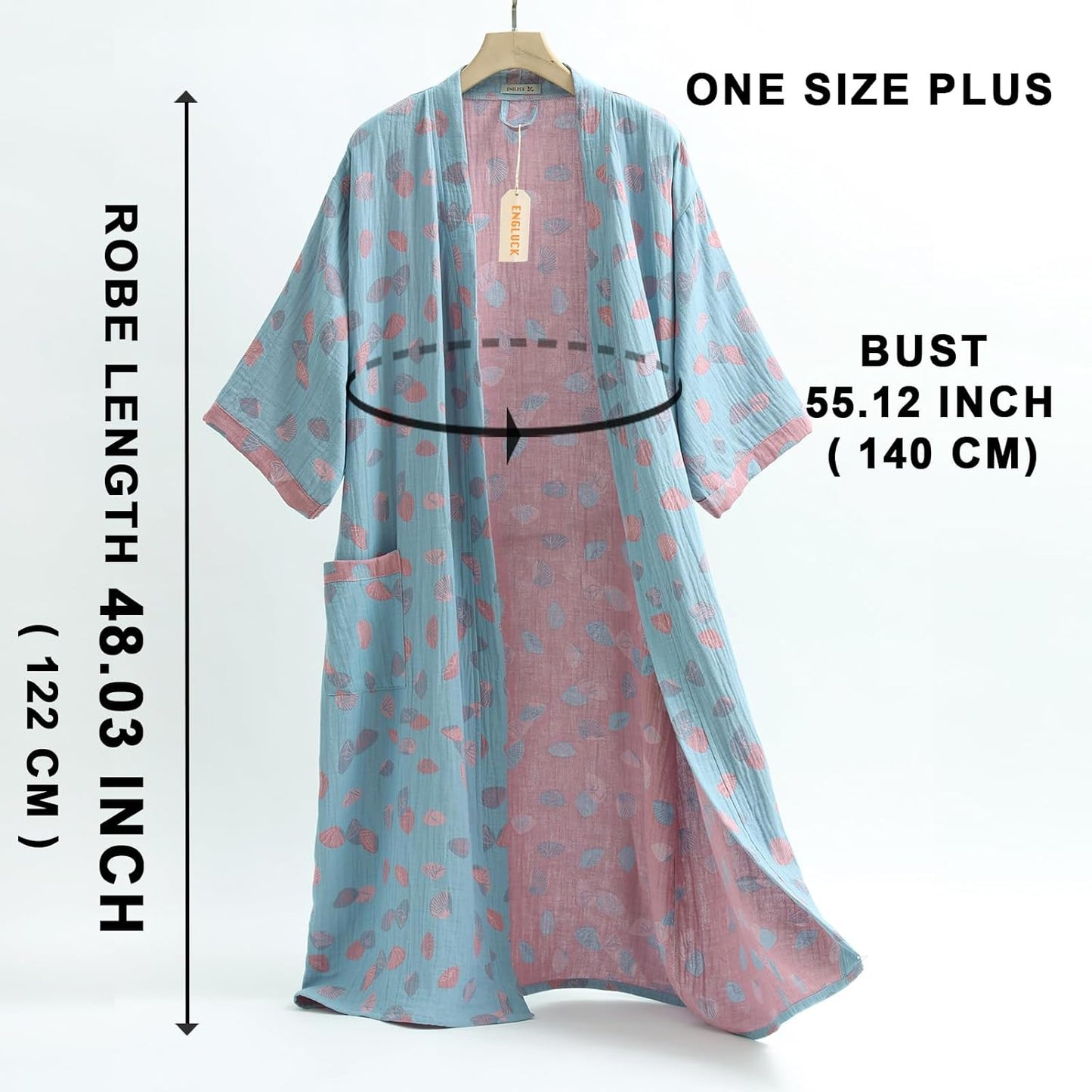 Women Cotton Double Gauze Jacquard Kimono Robe Bathrobe with Belt Pocket Comfortable Loungewear Yukata Sleepwear