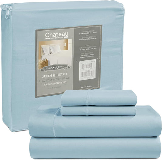100% Cotton Bed Sheets Queen Size Bed Set, 800 Thread Count Deep Pocket Queen Sheet Set, Soft Breathable Cool Sateen Weave 4PC Egyptian Cotton Sheets, No Pill & Shrink, Machine Washable - Light Blue