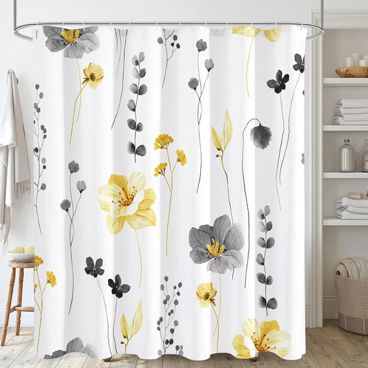 Gibelle Long Shower Curtain 72 x 78, Watercolor Floral Fabric Shower Curtain, Yellow Grey Flower Decorative Bathroom Shower Curtain Set with Hooks