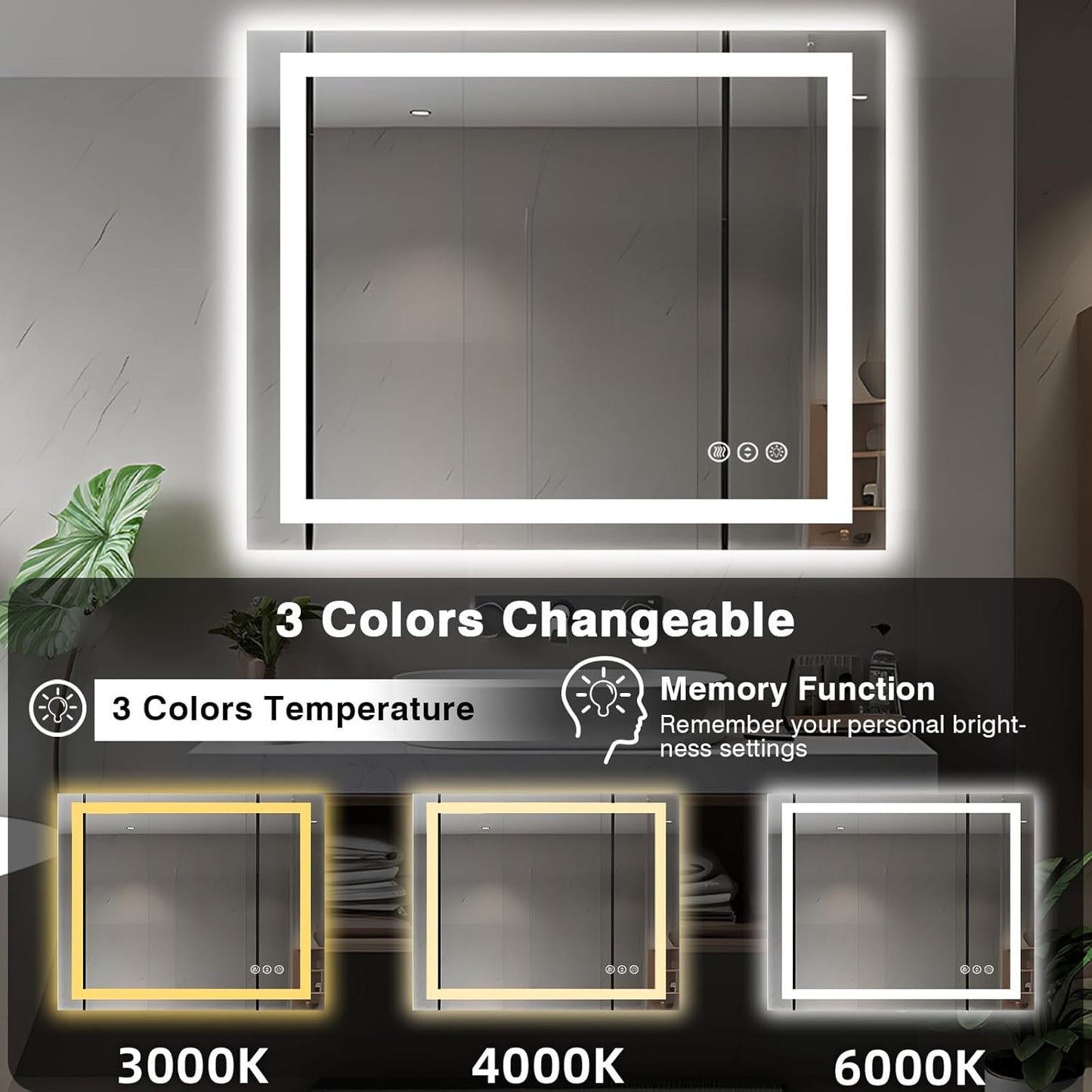 40"x36" LED Bathroom Vanity Mirrors with Front Light and Backlit, Anti-Fog Vanity Mirror with Lights, Stepless Dimmable Lighted Mirror, 3 Colors Smart Mirror (Horizontal/Vertical)