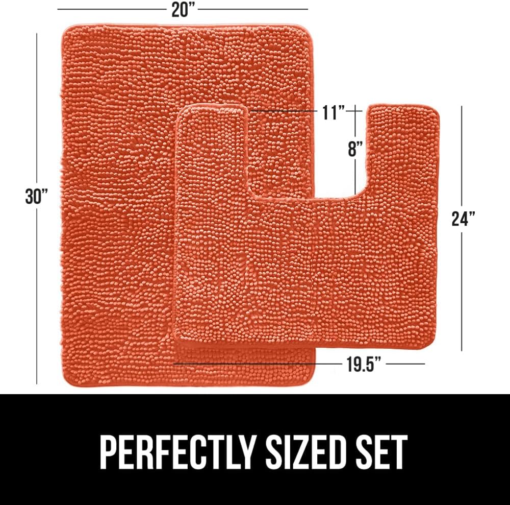 GORILLA GRIP Bathroom Rug Sets, Soft Chenille 2 Piece Area Rugs Set, Toilet Base Mat and 30x20 Carpet, Absorbent Microfiber Washable Mats Dry Quickly, Home Décor and Bath Room Accessories, Coral