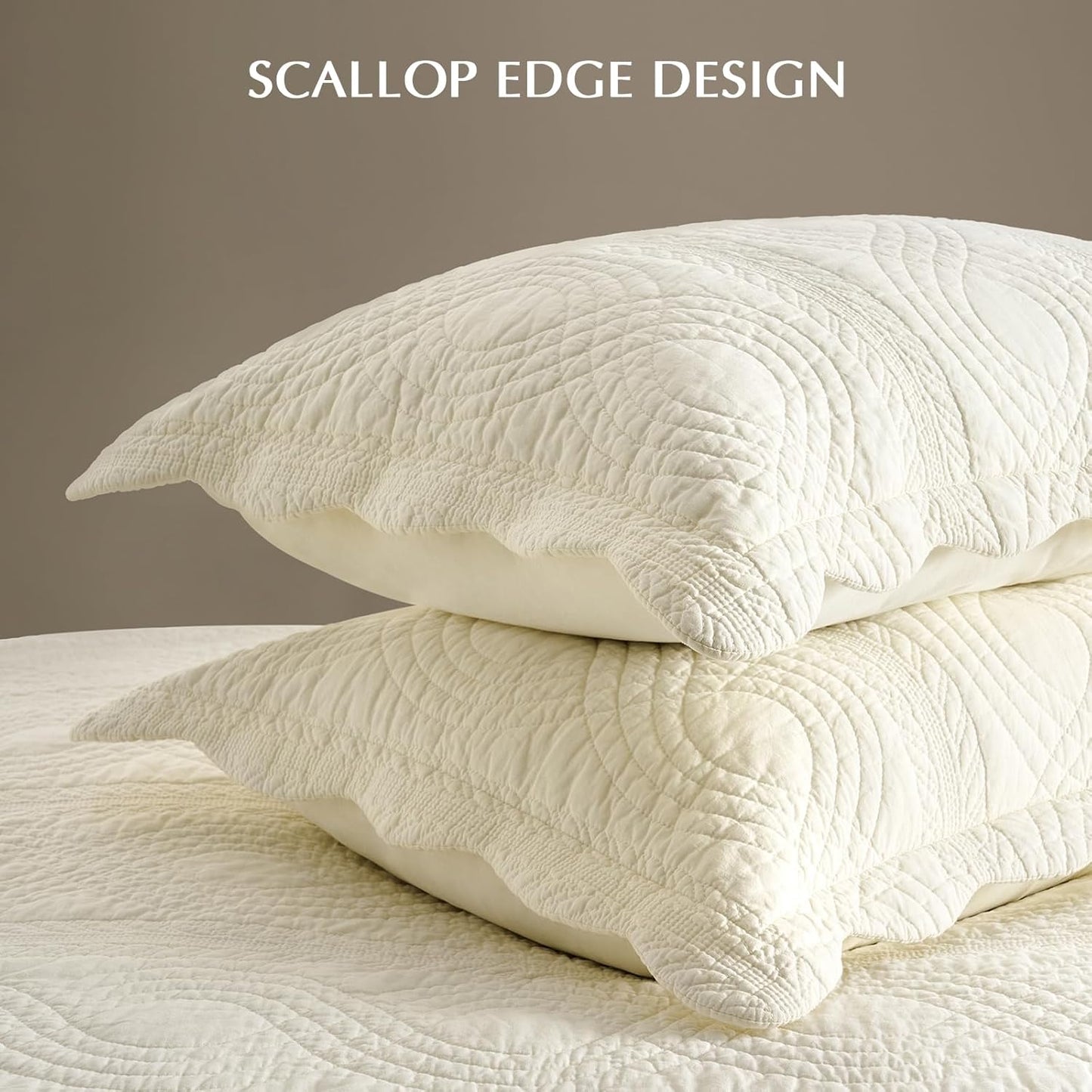 EVERGRACE 100% Cotton Scallop Quilt Set, King Size 3 Piece Set – Lightweight Bedspread with 2 Shams, Soft Prewashed Matelasse Coverlet for Cozy and Elegant Bedding, Ivory Cream