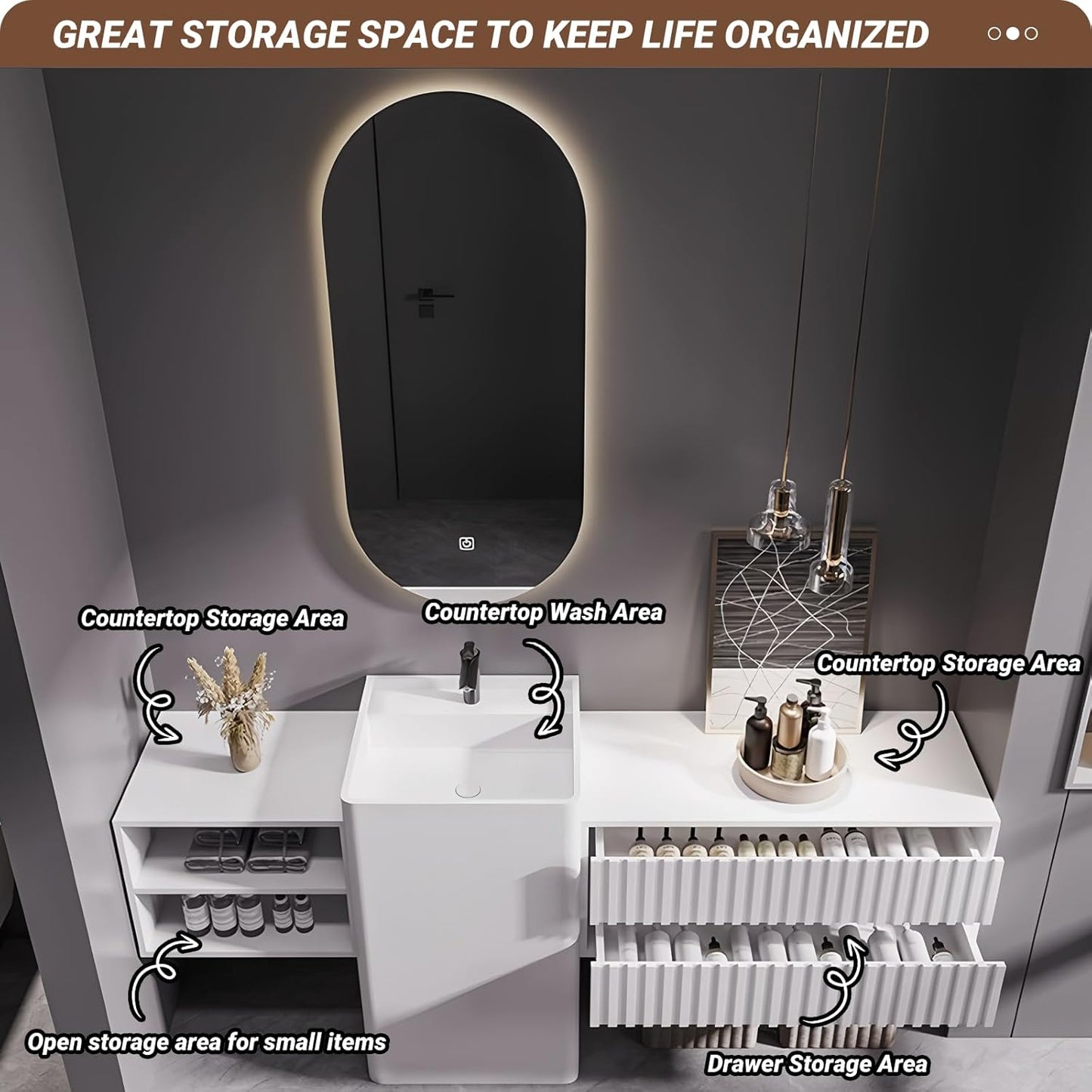 76Inch Freestanding Sink Bathroom Vanity, Wall-Mount Bathroom Cabinet with Open Storage and Striped Drawers, Solid Wood Bathroom Vanity with Smart Defog Mirror and Spacious Rock Plate Countertop