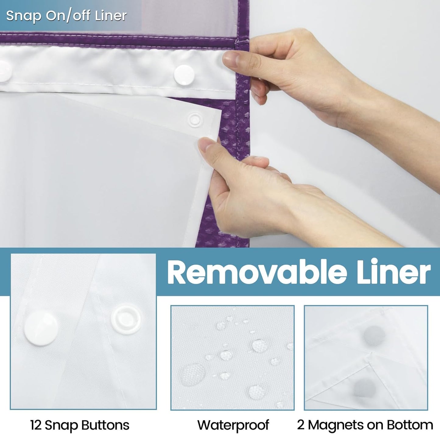 Purple Hotel Style Shower Curtain with Snap in Liner - 230GSM Waffle Textured,Hotel Grade,Spa Like Bath Curtain,71W x 74H