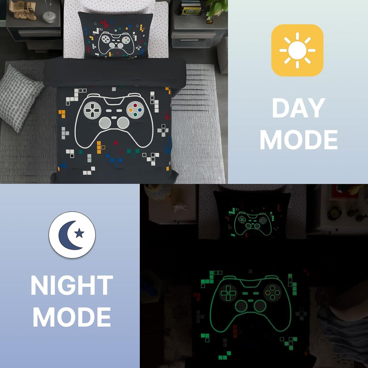 Twin Comforter Set for Boys-5 Pieces Gamer Glow in The Dark Twin Bedding Sets for Kids, Ultra Soft Bed in A Bag with Sheets