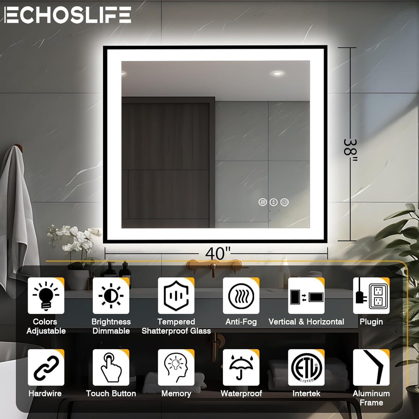 40x38 Lighted Mirrors for Bathroom Wall - Black Aluminum Framed (Front and Backlit), Anti-Fog LED Vanity Mirror, Shatter-Proof Lighted Mirror, 3 Colors Memory Mirror (Horizontal/Vertical)