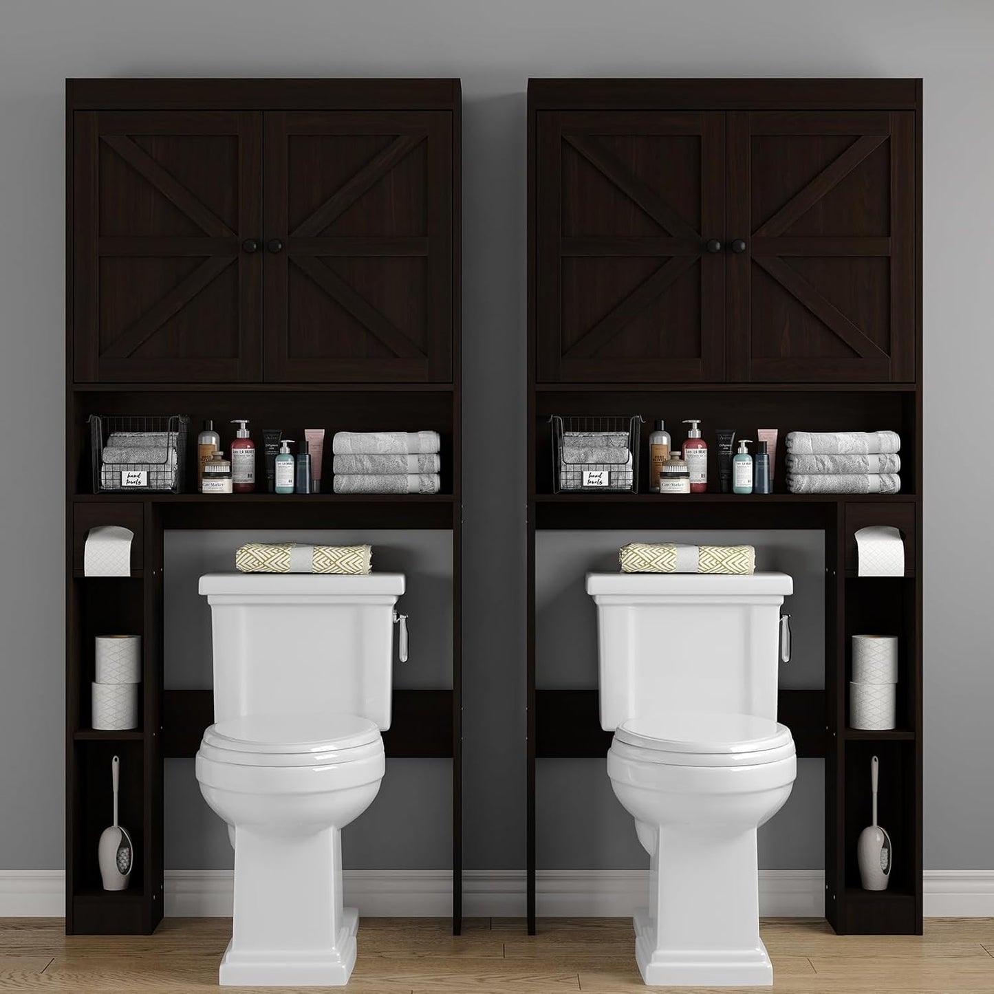 Furniouse Over The Toilet Storage Cabinet Bathroom Organizer with Barn Doors & Adjustable Shelf Rustic Over Toilet Storage Shelf for Bathroom, Espresso
