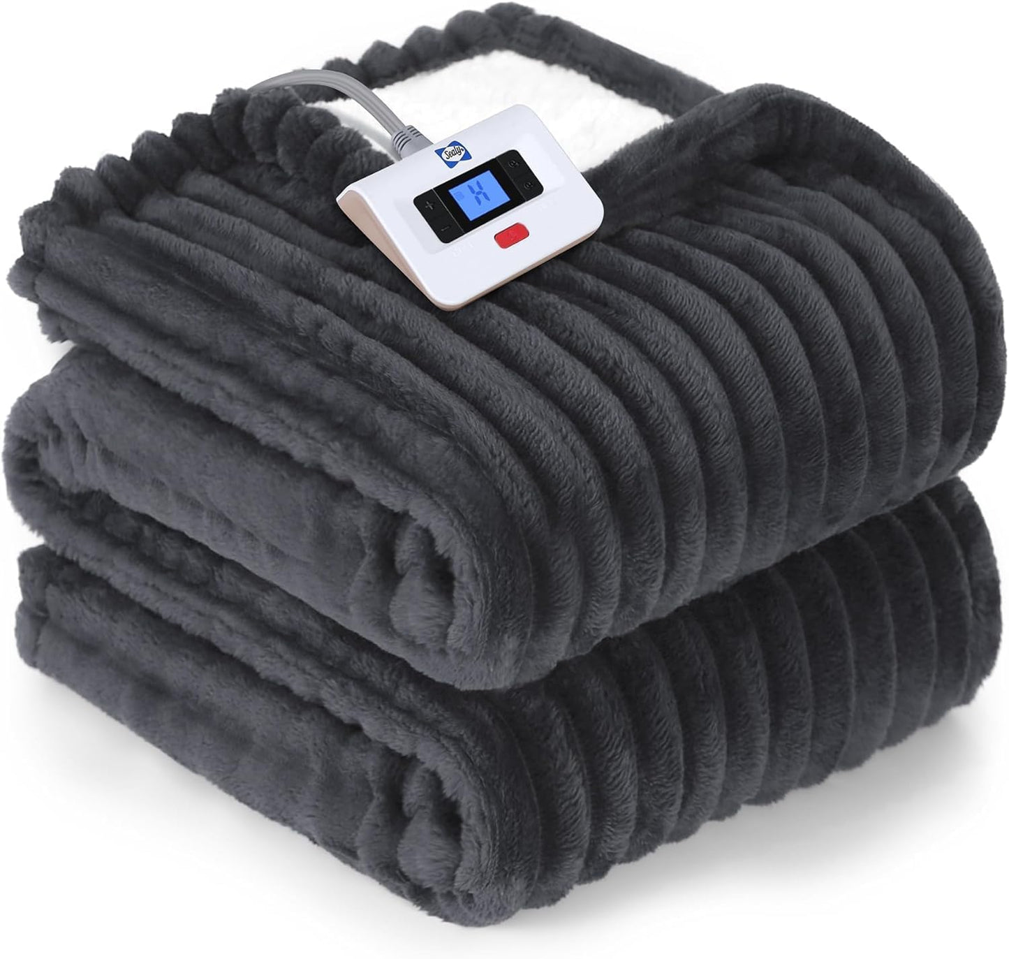 SEALY Electric Blanket Full Size, Soft Ribbed Flannel to Sherpa Reversible Heated Blanket with 10 Heat Settings & 1-12 Hours Auto-Off Overheat Protection, Machine Washable, 72"x84" Charcoal