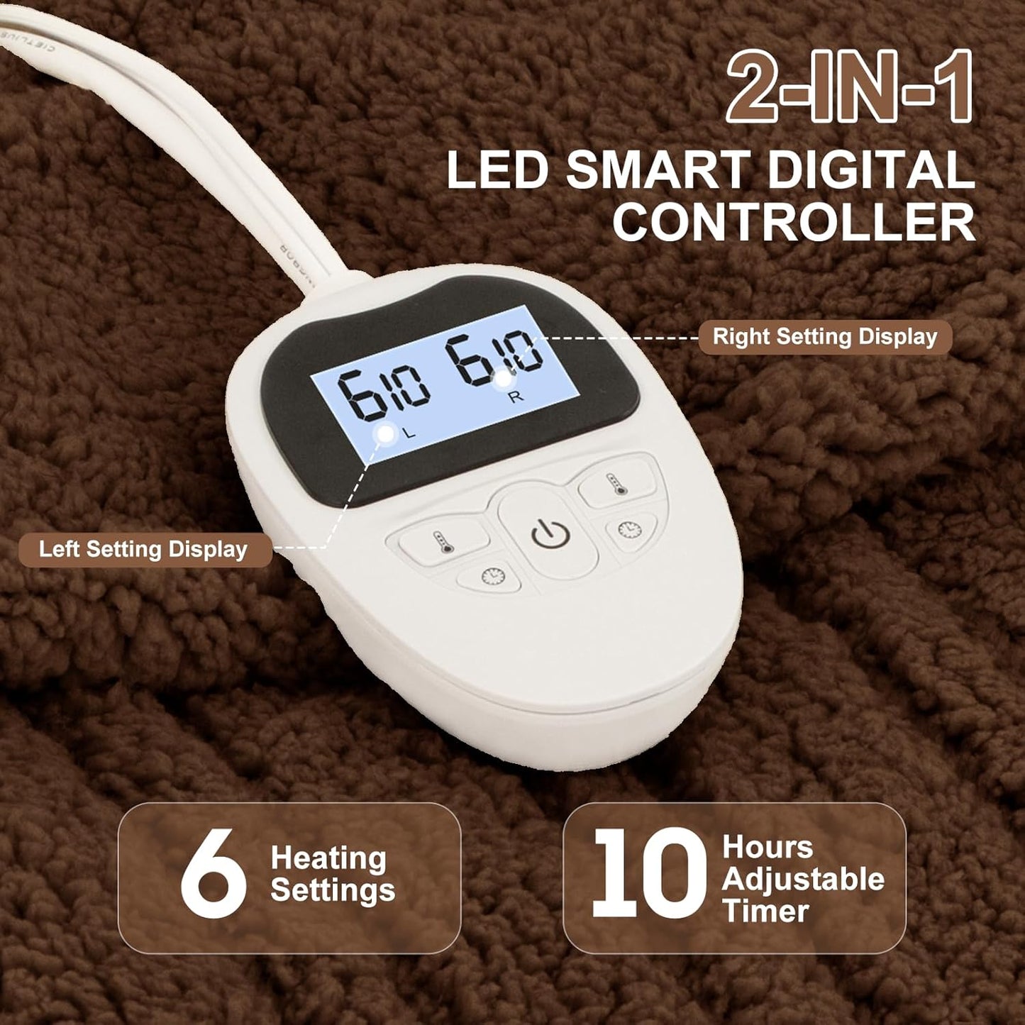 King Size Heated Blanket Single Control - Soft Double Sided Sherpa Electric Blanket with 6 Heating Levels & 10 hrs Timer Settings, Washable & Overheat Protection for Bed, Brown