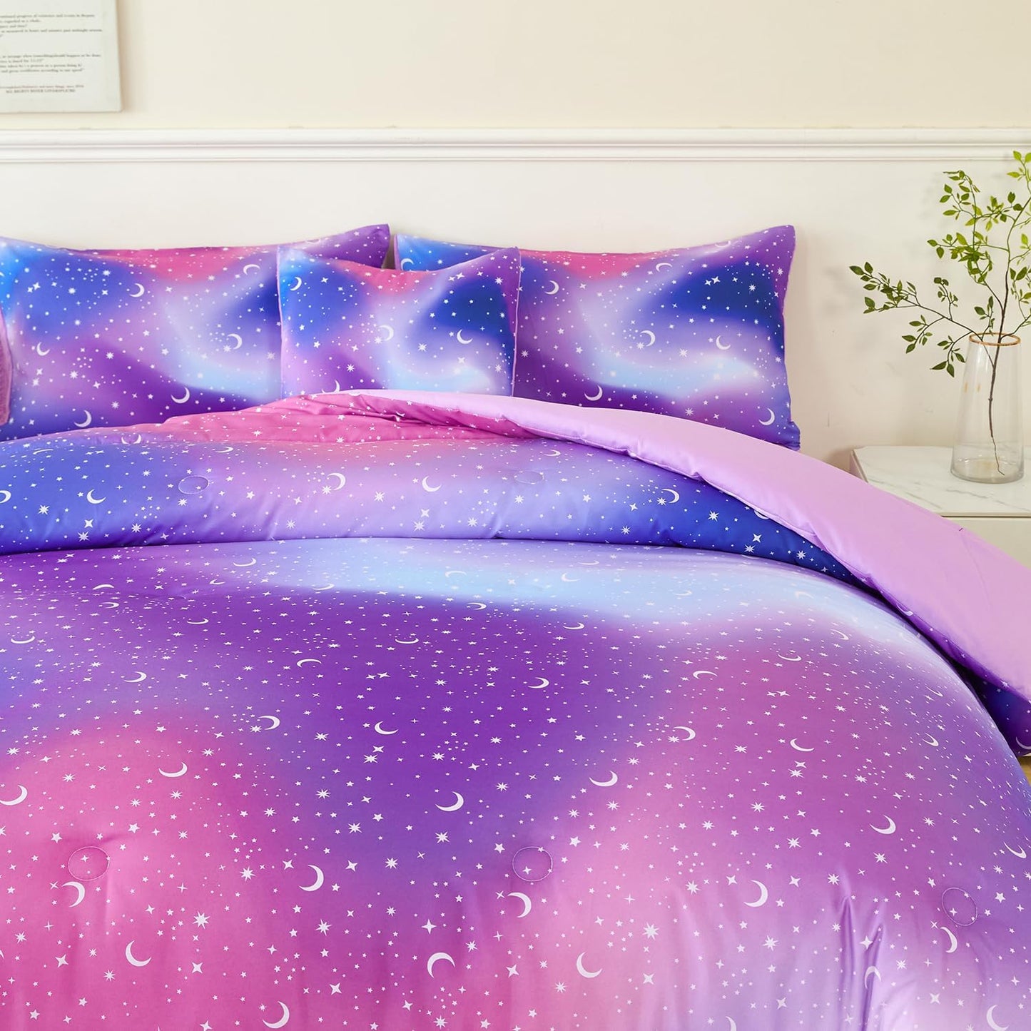 URBONUR 6Pcs Glitter Comforter Set for Girls Full Size Colorful Gradient Galaxy Bedding Set Kids Teen Comforter Sets Bed in A Bag Full (Purple Blue)