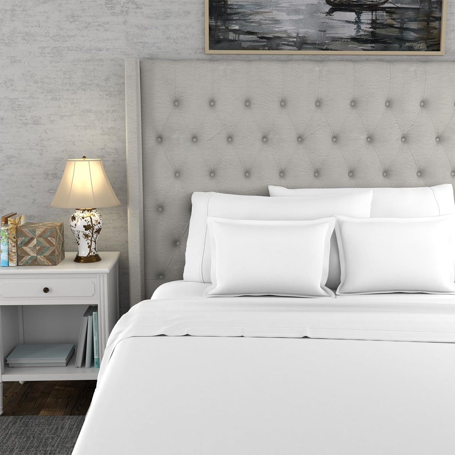 SUPREME ELEGANCE Cotton Blend Snow Sheet Set Queen Size, 1200 Thread Count Ultra Soft Sateen Sheet Set, Hotel Luxury, Moisture Wicking & Wrinkle Resistant, Easy Care Fall Bedding Set