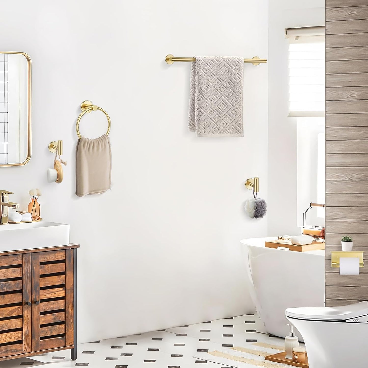 TQKAG 5 Piece Bathroom Towel Bar Holder Sets Brushed Gold Bathroom Hardware Set Stainless Steel Toilet Paper Holder with Shelf Bathroom Accessories Kit Wall Mounted