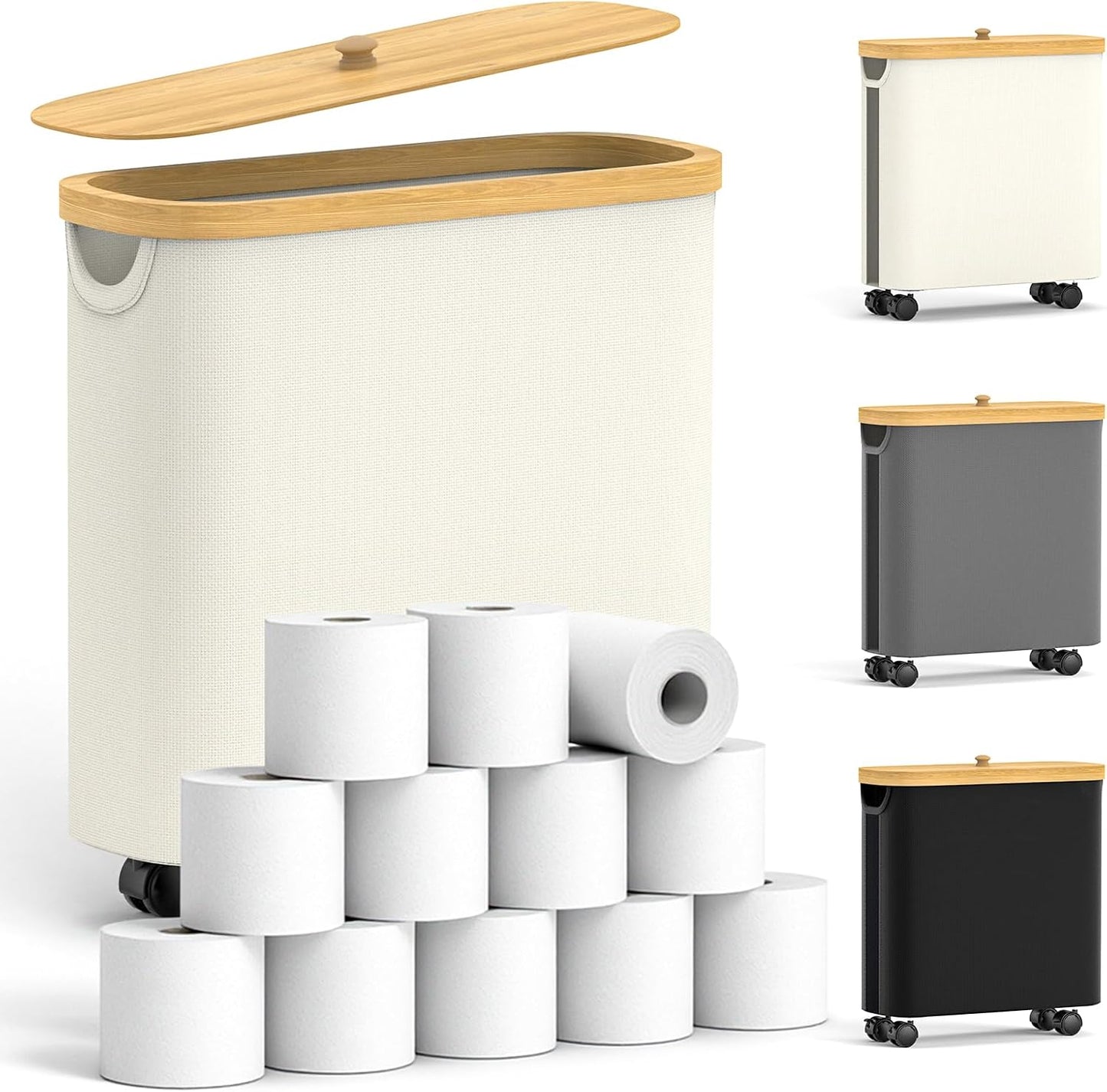 Toilet Paper Storage with Wheel Bamboo Toilet Paper Holder with Lid and Handle Toilet Papers Organizer for Bathroom Free Standing 30L Papers Basket for 9-12 Rolls Bathroom Accessories, Beige