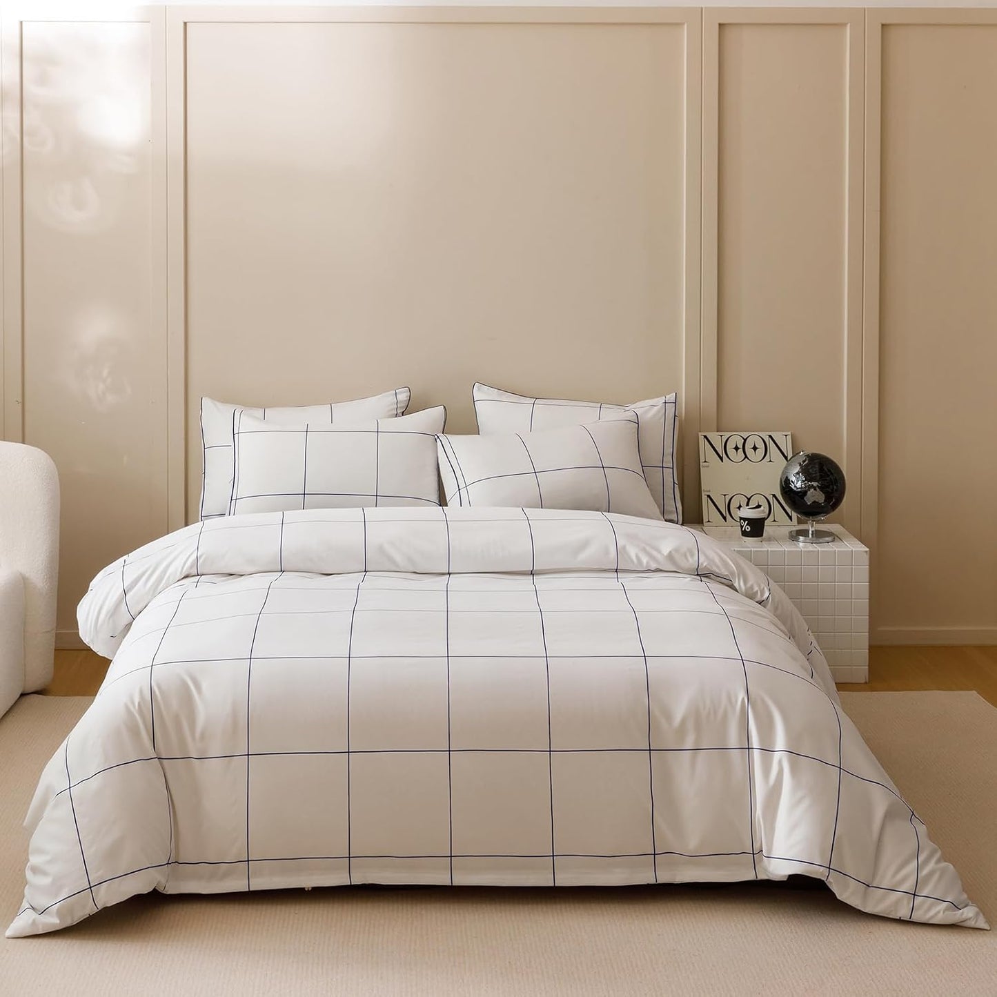 KAREVER White Grid Comforter Twin Boys Grils Navy Blue Square Lines Checkered Bedding Set Twin White Plaid Comforter Twin Size