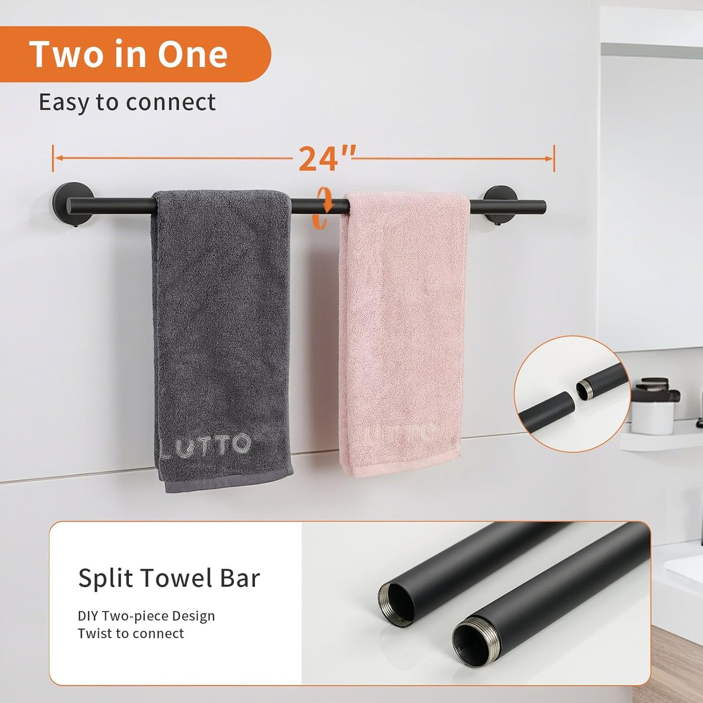 5-Piece Black Bathroom Hardware Set - 24 Inch Towel Bar, 2 Robe Towel Hooks, Toilet Paper Holder, Towel Ring, Wall Mounted Bathroom Accessories (Matte Black Finish)