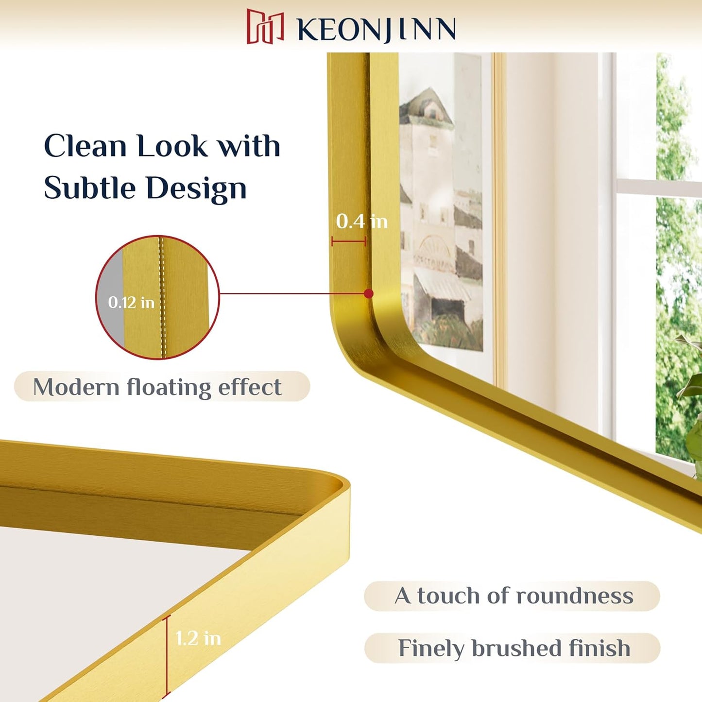 Keonjinn Gold Bathroom Mirrors for Over Sink, 32” x 36” Rounded Rectangle Brushed Gold Vanity Mirror, Anti-Rust Brass Mirror with HD Tempered Glass, Decorative Farmhouse Mirrors, Horizontal/Vertical